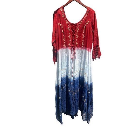 Blue Tie Dye Boho Medieval Cosplay Maxi Dress Pyramid Collection festival L goth - Picture 4 of 10